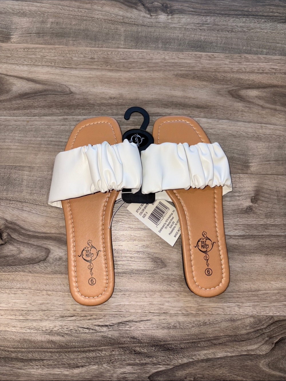 Ruched White Slide Sandals with Tan Footbed